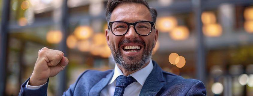 aziende-che-scelgono-odoo-a-brescia Un uomo in giacca e cravatta, con occhiali, sorride soddisfatto per aver risparmiato grazie all'acquisto di un gestionale.