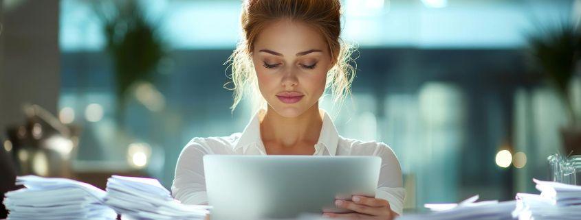 perche-le-fatture-sdi-vengono-respinte Donna seduta a una scrivania con un tablet, occupata nella gestione della fatturazione elettronica.