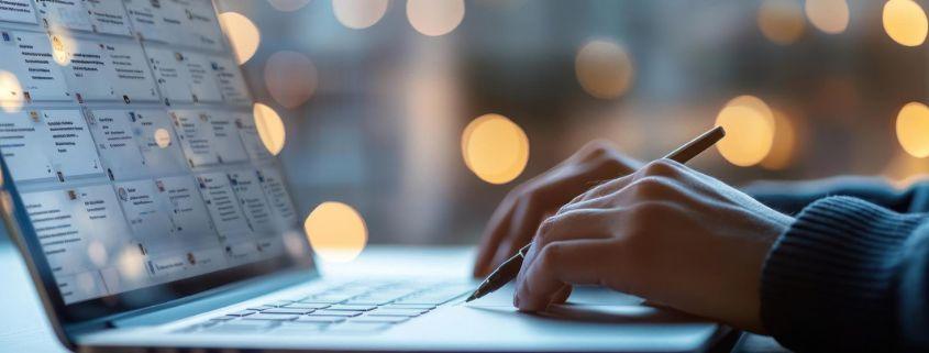 Utente che scrive su un laptop, con un calendario aggiornato sullo schermo.